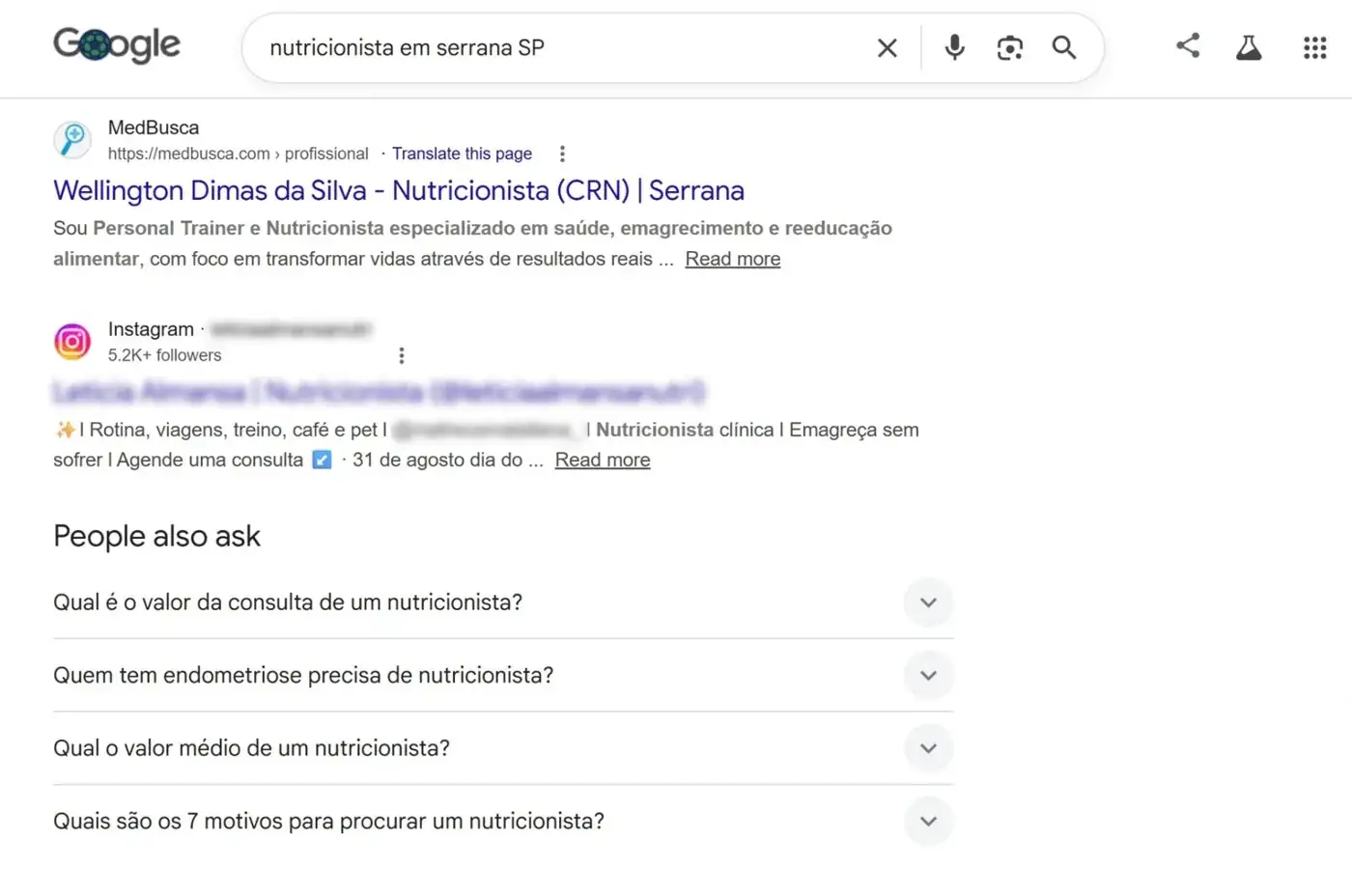 Resultado real do Google com a página MedBusca do Wellington acima do Instagram
